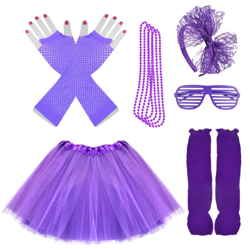 Miayon 1980s Fancy Outfits Dress Costume Accessories for Girl Halloween Purple - Image 1